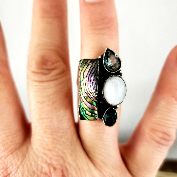 New Abalone Shell, Rainbow Moonstone, Blue Topaz 925 Silver Ring. - Picture 6 of 6